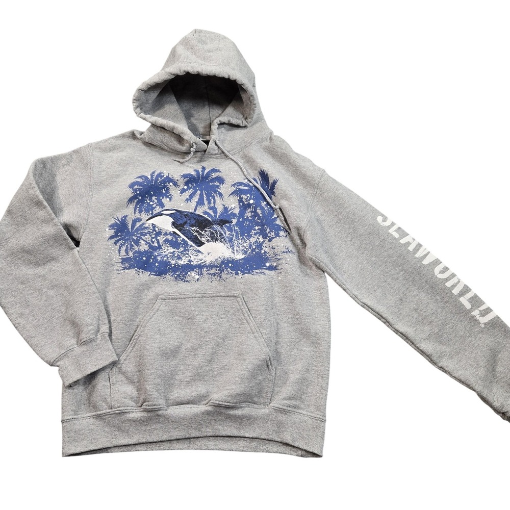 SeaWorld Hoodie Sweatshirt Mens Small Gray Orca Graphic Pullover Fleece Pocket